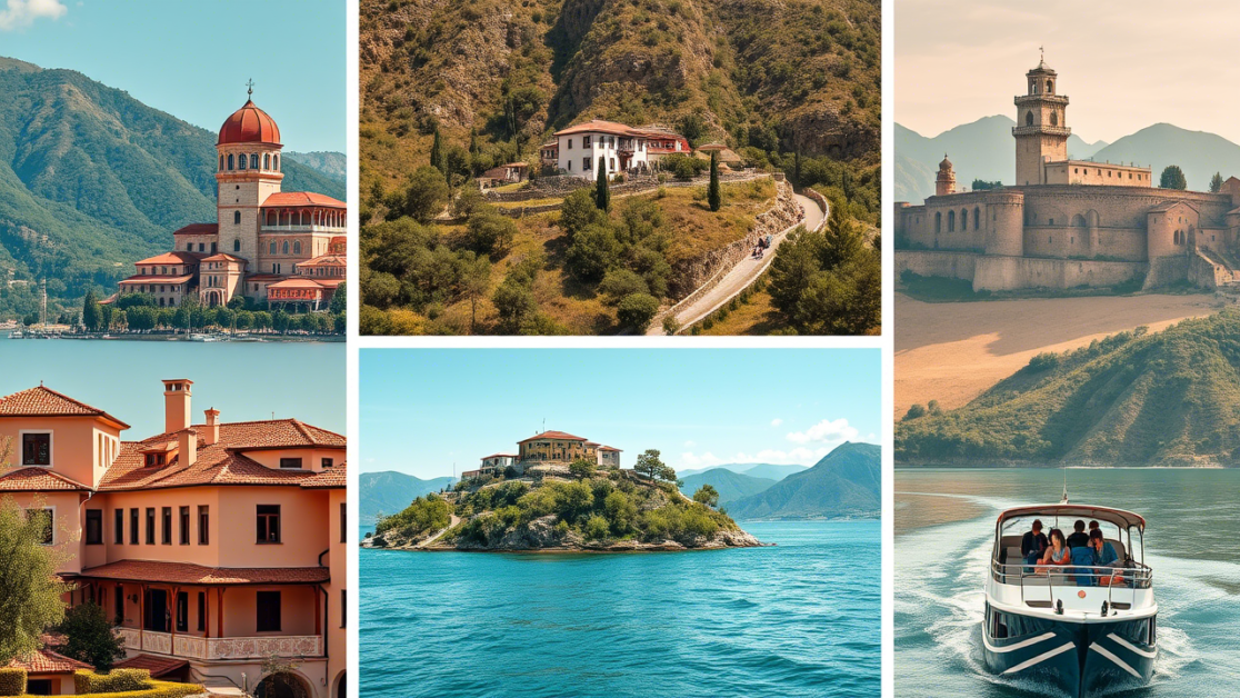 A vibrant vertical collage featuring Berat's Ottoman houses, Krujë Castle, and Lake Koman ferry. Style: Bright, airy, with warm tones and wanderlust aesthetic.