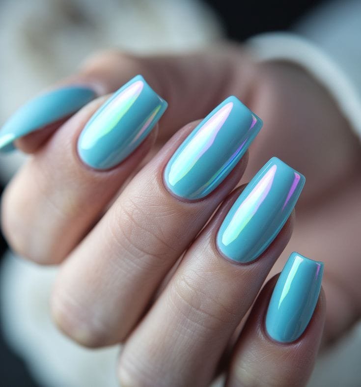 Iridescent Blue Square Nails
