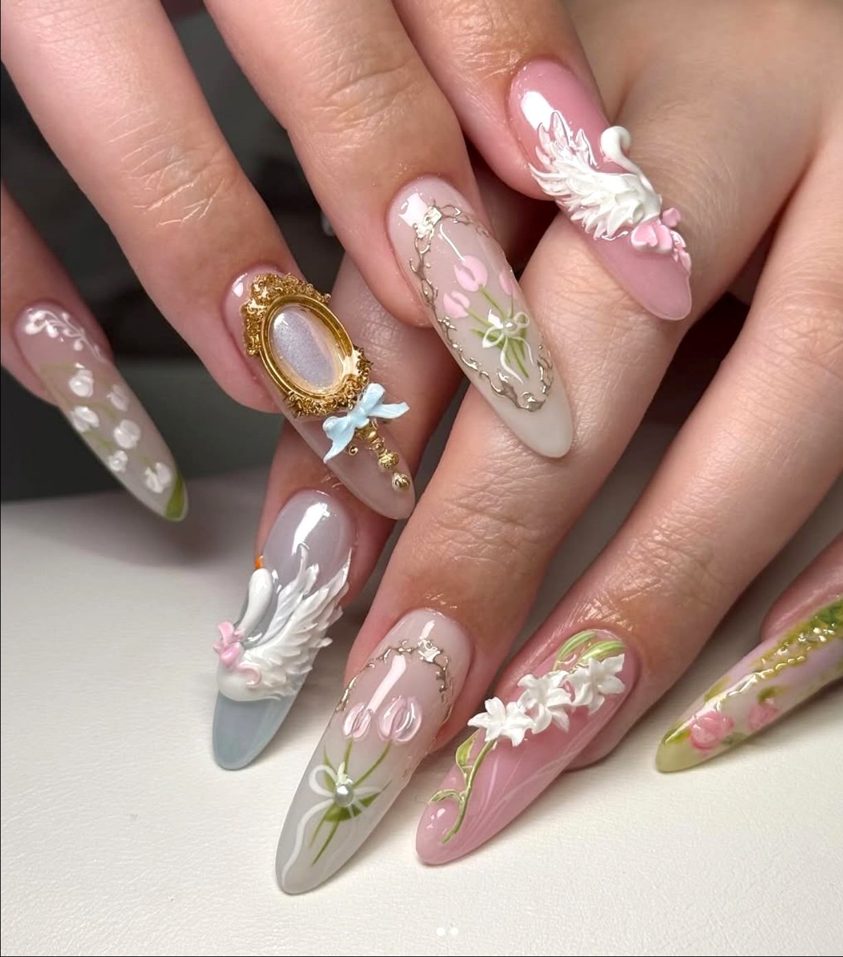 Opulent Swan: 3D Spring Nail Art