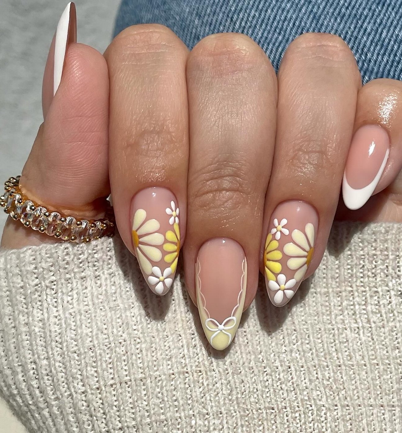 White French tip, and a yellow bow accent