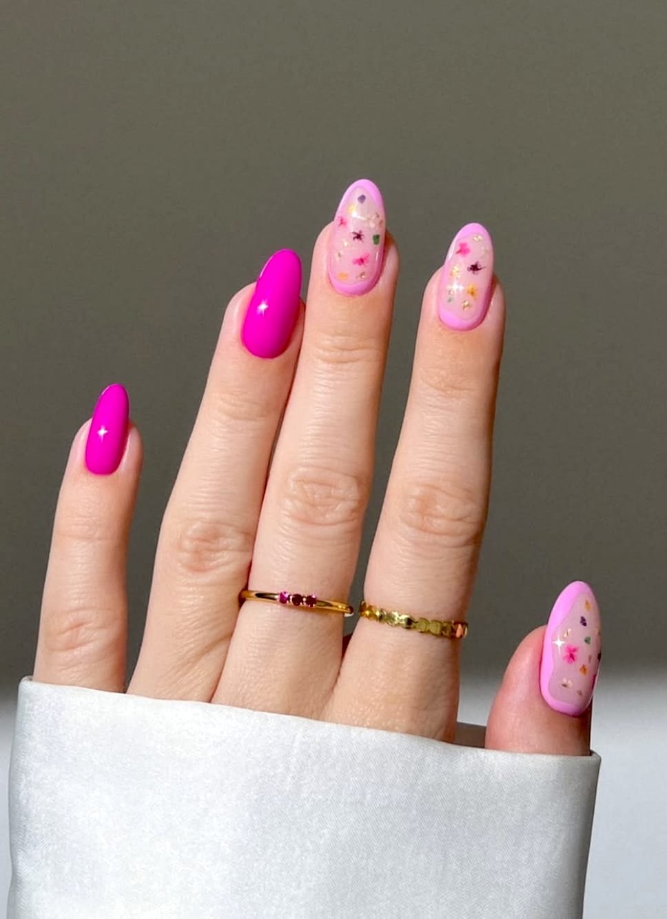 Vibrant Floral Manicure with Gold Accents