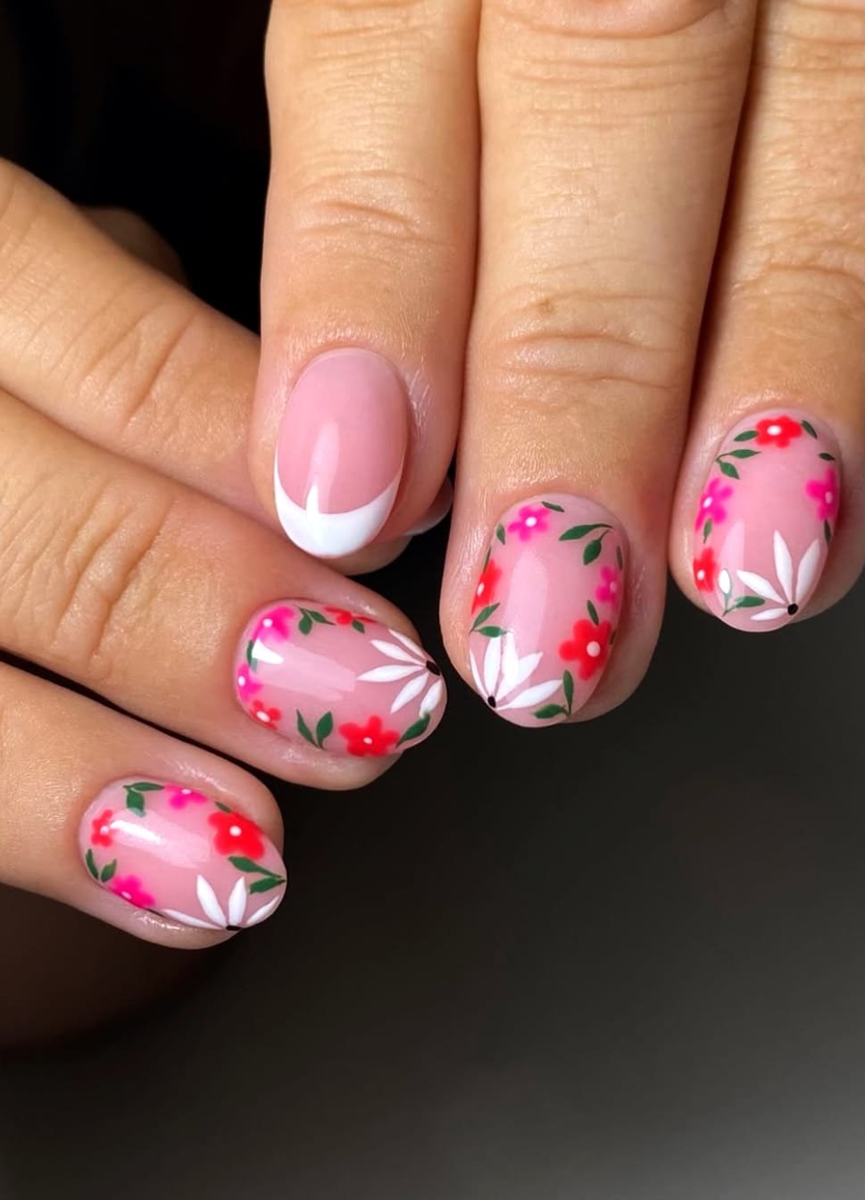 Red Bloom & White Tips: Spring Nail Art