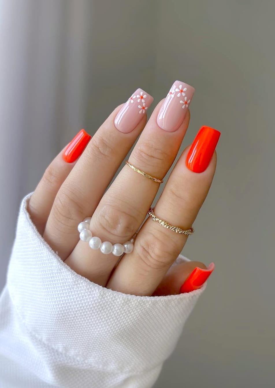 Orange Bloom & Pearl Rings: Spring Nail Art