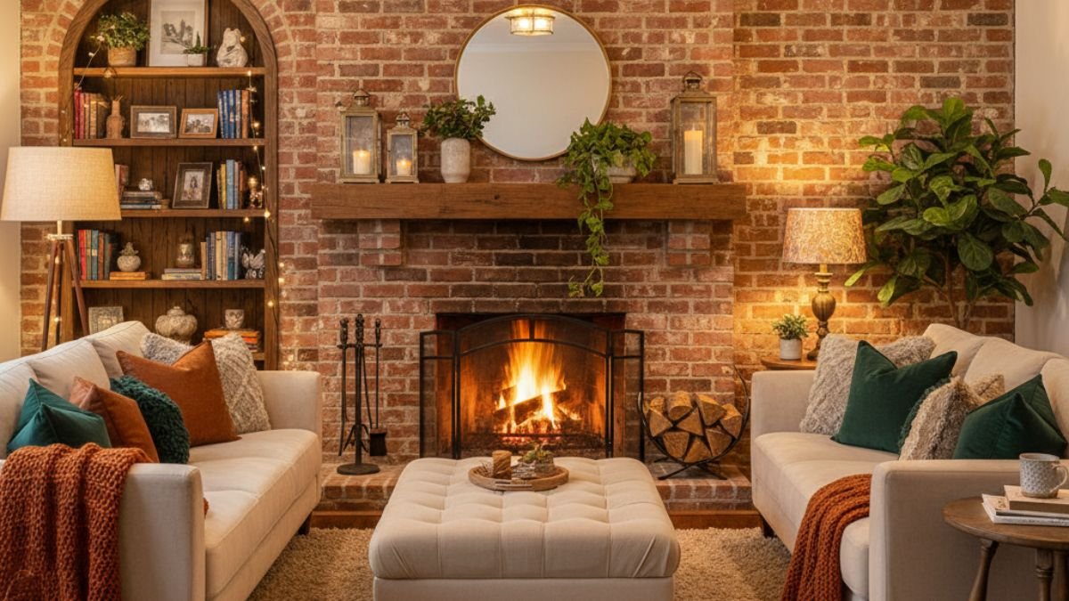 Cozy Living Room With Brick Fireplace