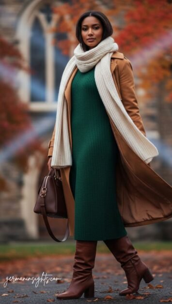 Chic Fall Church Outfit: Midi Sweater Dress & Trench Coat