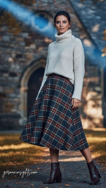 Classic Fall Church Outfit Plaid Midi Skirt & Turtleneck Sweater