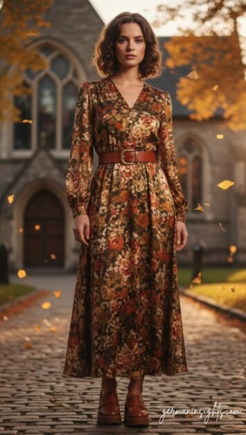 Elegant Fall Church Outfit: Long-Sleeve Floral Dress & Loafers