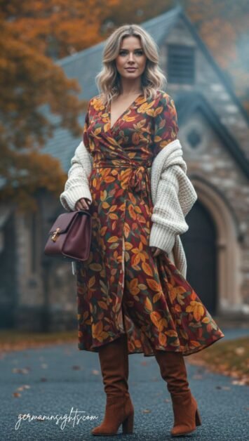 Fall Church Outfit: Autumn Print Wrap Dress & Suede Boots