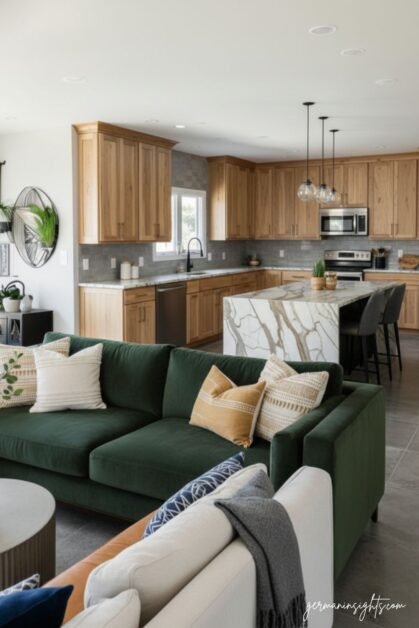 Kitchen and Living Room with Wooden Cabinets
