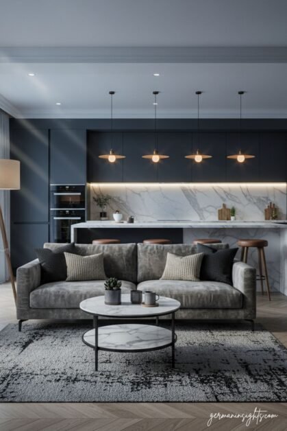 Modern Open-Concept Kitchen and Cozy Living Room Design