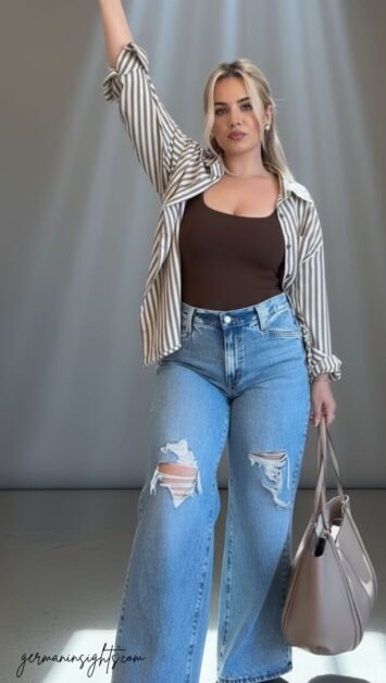 Striped Shirt & Wide-Leg Denim