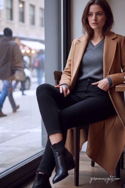 Winter Outfit: Camel Coat & Black Jeans Combo