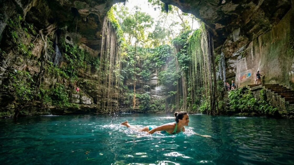 Tourist swimming in the crystal clear waters of Cenote Ik Kil near Cancún, Mexico.