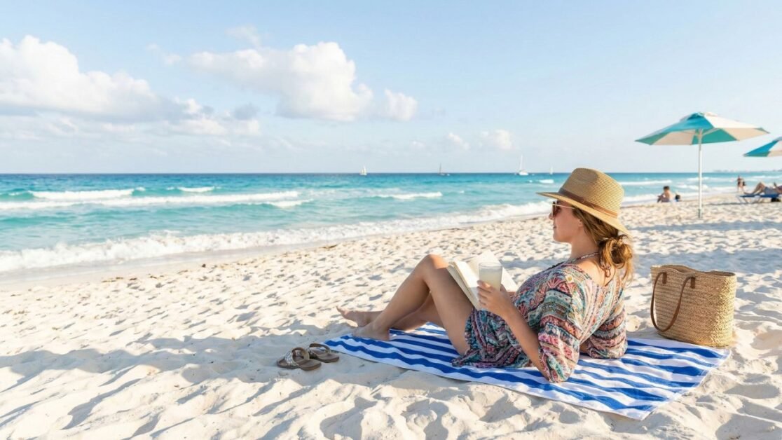 Tourist relaxing on the white sand beaches of Cancún.